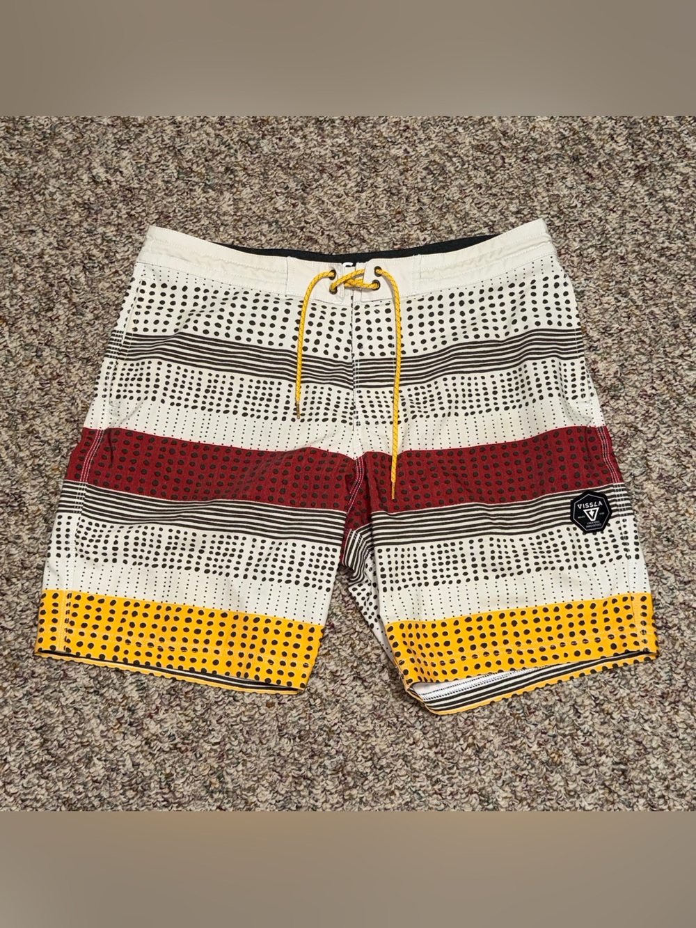 VISSLA Men's size 34 White Swim Shorts with Red & Yellow Stripe Accents beach